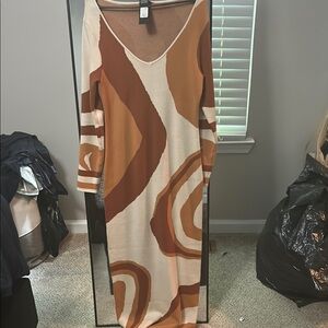 Fashion Nova Asymmetrical White and Brown Sheath Dress